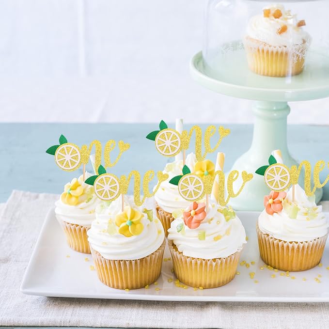 24 PCS Lemon One Cupcake Toppers Glitter Fruit Lemonade First Birthday Cupcake Picks for Lemon Theme Baby Shower 1st Birthday Party Cake Decorations Supplies Gold
