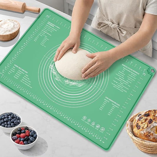 Extra Large Food Grade Platinum Silicone Pastry Mat 28 x 20, Non-Slip Non-Stick Baking Mat for Rolling Dough with 5mm Raised Edge, Measurements & Baking Guide for Bread, Pizza, Pie & Sourdough