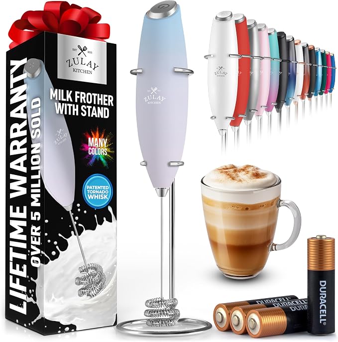 Zulay Kitchen Powerful Milk Frother Wand With Duracell Batteries - Ultra Fast Handheld Drink Mixer - Electric Whisk Foam Maker for Coffee, Lattes, Cappuccino & Matcha - Triple Whisk - Pale Cloud