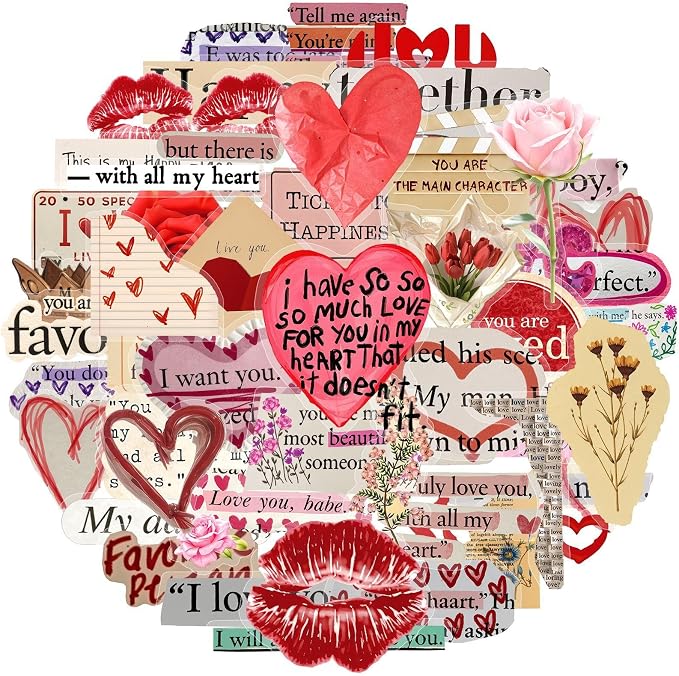 Valentine's Day Stickers for Adults,Teens, 50PCS PET Transparent Waterproof Adhesive Lover Decals Wife Sticker for Adult Birthday Party Laptop Water Bottle Guitar Scrapbook Phone Case
