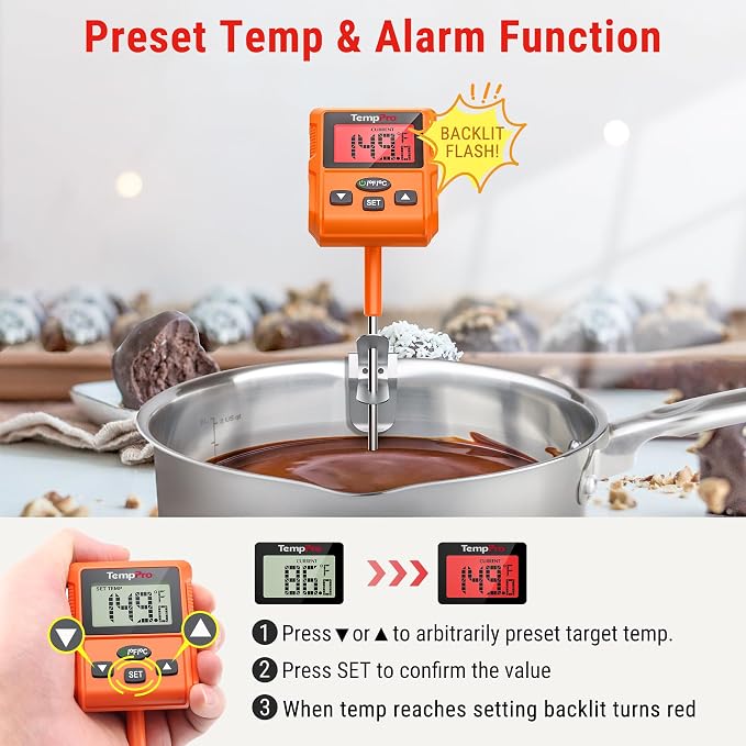 TempPro TP511 Digital Candy Thermometer with Pot Clip, Programmable Instant Read Food Meat Thermometer with 10'' Long Probe for Baking Grilling Oil Deep Fry Fathers Day Gift (Previously ThermoPro)