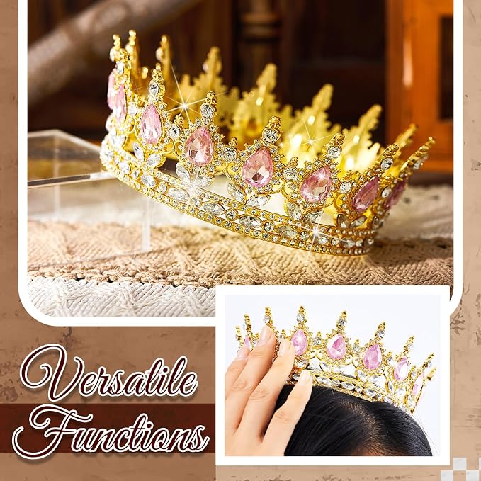8 Pcs Pink and Gold Queen Crown Cake Topper, Happy Birthday Cake Toppers Foam Balls Rhinestone Crystal Tiara Wedding Decoration for Princess Party Photo Props for Women Princess
