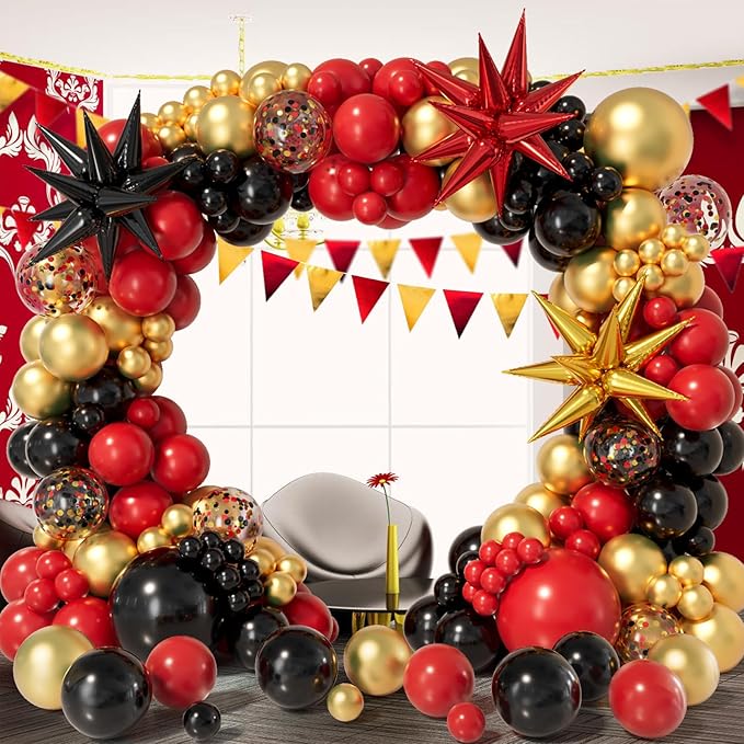 Bonropin Red Black Gold Balloon Garland Arch Kit 158pcs with Red Black Gold Confetti Balloons, Star Foil Balloons, for Graduation New Year Anniversary Birthday Party Decorations