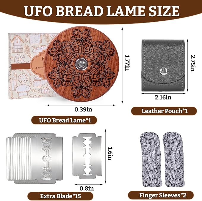 UFO Bread Lame Set for Sourdough,Wooden Bread Scoring Tool for Homemade Sourdough Gifts for Bread Baker with 15 Blades and Leather Storage Cover,Lame Cutter Scoring Knife for Baking(Damask)