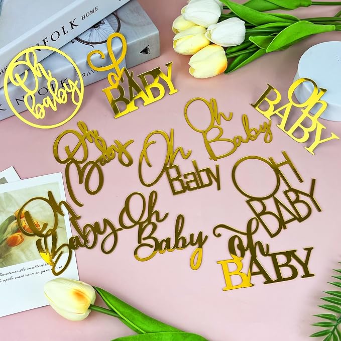 10 PCS Gold Cake Topper Mirror Acrylic Cake Topper Side Cake Decorations Gold Cake Inserts Cake Decorating Supplies Cupcake Toppers for Gender Reveal Baby Birthday Party Decorations