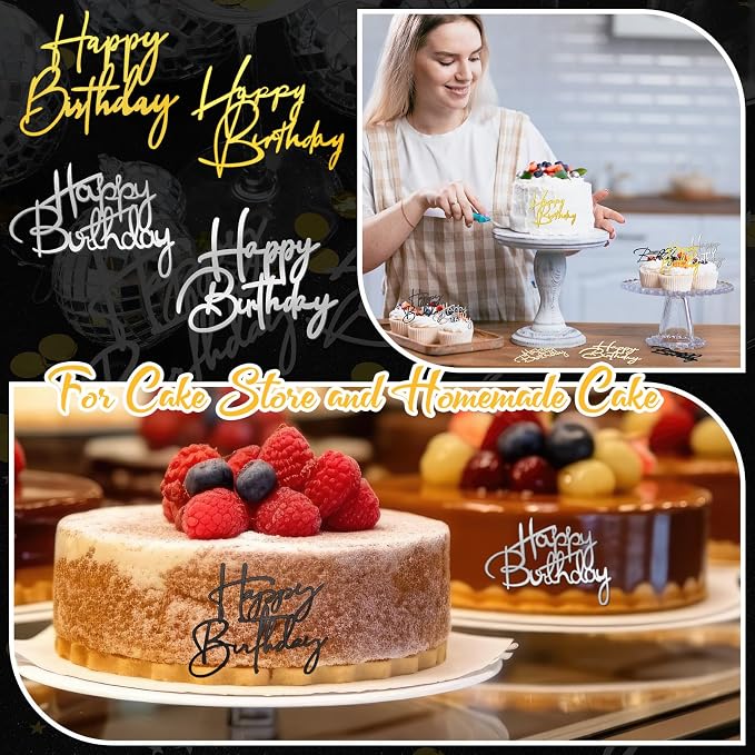 Barydat 24 Pieces Happy Birthday Cake Toppers Mirror Acrylic Cupcake Topper Happy Birthday Sign for Cake Side Cupcake Decorations, 3 Colors, 6 Styles