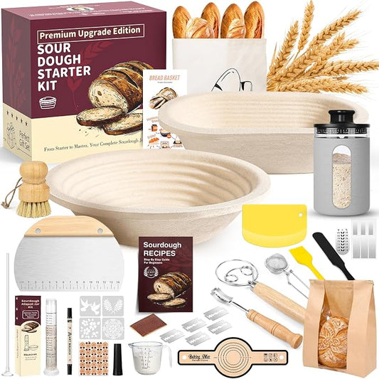 Sourdough Starter Kit with Aliquot Jar, Wood Pulp 9" Round & 10" Oval Bannetons & 34 oz Sourdough Starter Jar & Bread Sling Scrapers & Bag Complete Sourdough Baking Supplies