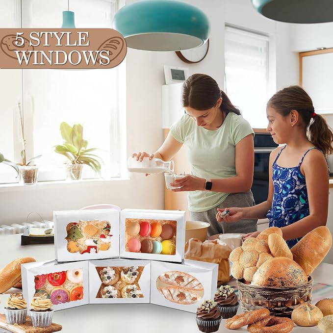 KPOSIYA 65 PCS 8x6x2.5 Inch Cookie Boxes with Window Silver Bakery Boxes Pastry Boxes for Gift Giving, Treat, Dessert, Cupcakes, Chocolate, Strawberries, Donuts, Muffins (5 Style Windows)