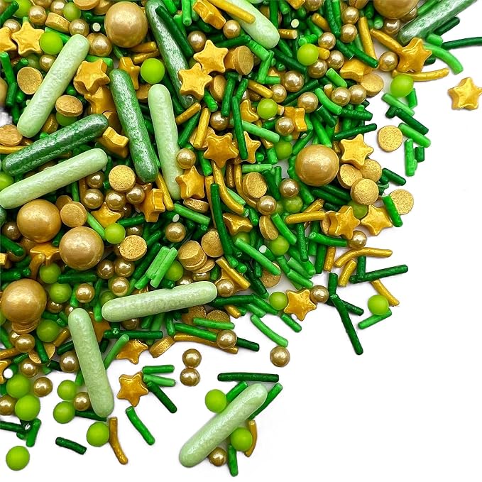 SE Si&Moos Sage Green and Gold Sprinkles 4.6 OZ Gold and Green Edible Pearls for Cake Decorating Jungle Sprinkles Baby Shower Birthday Halloween Christmas Cookie Decorations with Tweezers
