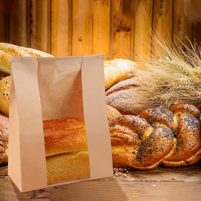 100 Pcs Bread Bags for Homemade Bread Sourdough Bags Paper Kraft with Window 14" x 8.3" x 3.5" with Tin Strip and 500 Pcs Seal Stickers for Cookies Coffee Beans and Bakery