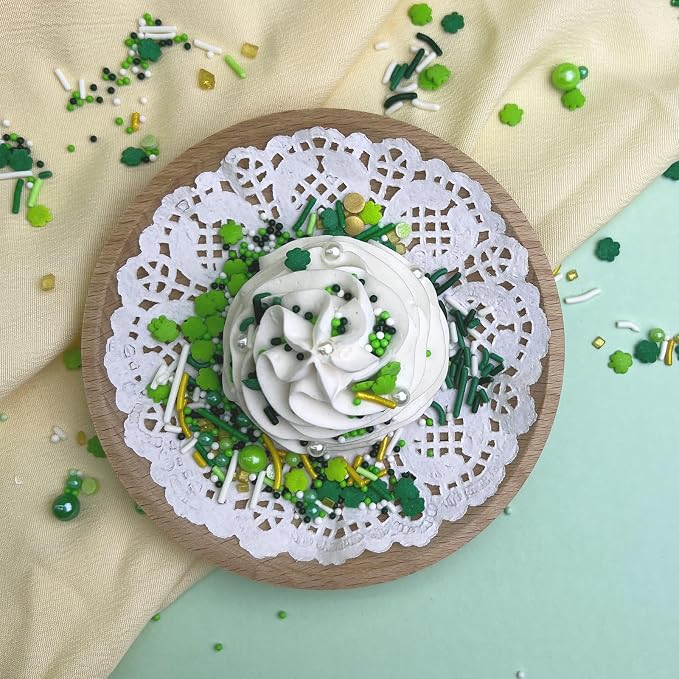 Green Sprinkles for Cake Decorating, ST Patricks Day Spring Sprinkles Mix with Shamrock Clover Jimmies Nonpareils for Ice Cream Cupcakes Baking Cookies Cake Topping