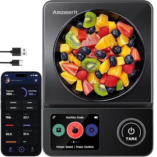 Smart Food Kitchen Scale with Nutritional Calculator, Timer, 0.1g High Precision Kitchen Scale, Free App with 27 Nutrients Tracking, Digital Grams and Ounces for Weight Loss,11lbs/5kg (Black)