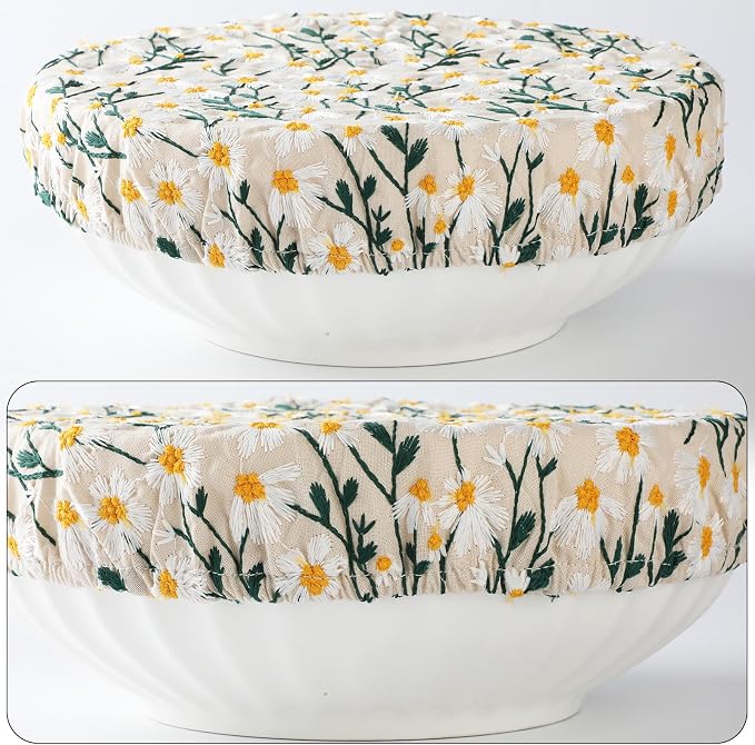 Reusable Bowl Covers for Bread Proofing Baking Embroidered Daisy Linen Cotton Cloth Fabric Washable with Elastic Cover for Food Fruit Salad Eco-friendly (Beige Daisy Field)