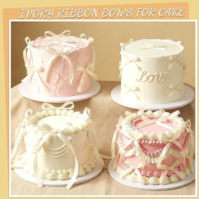 30 Pack Ivory Ribbon Bows for Cake Cream Bow Cake Toppers Bow Birthday Decorations Coquette Bow Cupcake Topper for Bride to Be, Wedding, Bridal, Baby Shower, Bachelorette Party Decorations