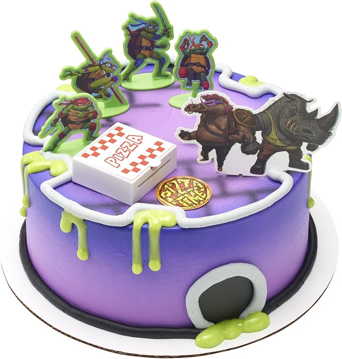 DecoSet® Teenage Mutant Ninja Turtles™ Pizza Power Cake Topper, 6-Piece Cake Decoration With Turtle Figurines, Cake Pic, And Pizza Launcher ! | For Birthday, Parties, Celebration