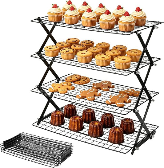 4 Tier Collapsible Cooling Racks for Cooking And Baking | 3 Setting Design, Adjustable & Stackable Cookie Cooling Racks, Dishwasher Safe Tiered Bread Cooling Rack for Picnic