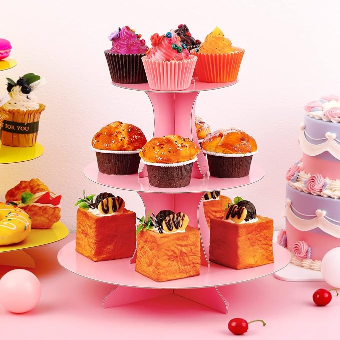 6 Set 3 Tier Cardboard Cupcake Stand Tiered Cake Holders Colorful Paper Dessert Stand Reusable Round 3 Tier Tower for Table Display Birthday Bridal Shower Party Supplies, 6 Colors