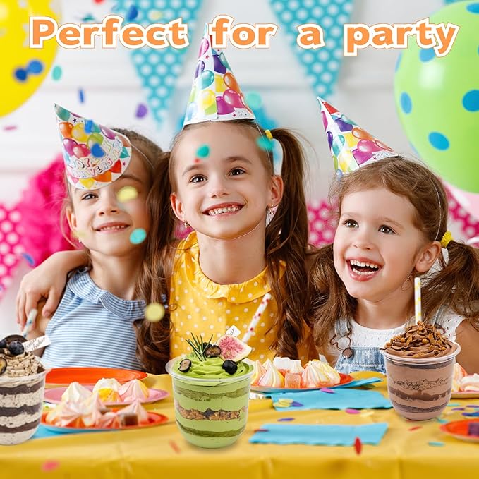 Jnnzzggu 100 Pack 12OZ Clear Plastic Cups with No Hole Dome Lids and Sporks,Disposable Dessert Cups,Yogurt Parfait Cup for Cupcake,Pudding,Iced Cold Drinks,Coffee,Juice,Snacks,Fruits,Ice Cream