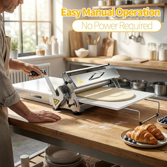 THOUSANDSUNNY Folding Manual Dough Sheeter, Stainless Steel Dough Rolling Machine Pizza Pastry Puff Maker Tool for Home | 0 to 25 mm Thickness, Hand Crank, Foldable Storage, Smooth Rolling, For Pizza Pastry Croissant Fondant Home Baking