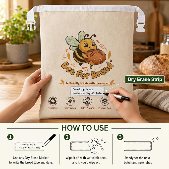 Beeswax Bread Bags for Homemade Bread Sourdough, 2 Pack XL Organic Cotton Linen Beeswax Bread Bag, Reusable Food Storage with Dry Erase Strip, Keeps Fresh, Freezer Safe, Easy Wash, Eco-Friendly