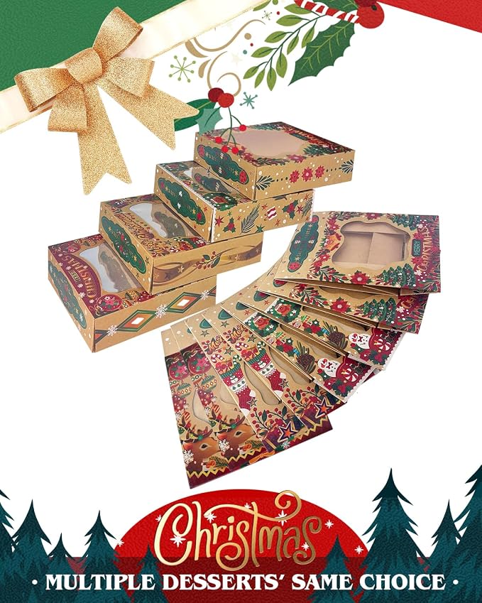 qiqee Christmas Kraft Cookie Boxes with Window 30packs 9x9x2.5 Inch Bakery Box Pastry Box for Christmas