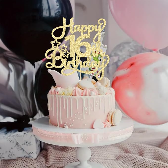 1 Pack Happy 16th Birthday Cake Topper Glitter Sweet 16 Cake Pick Birthday 16th Birthday Cake Decorations for Children 16th Theme Party Supplies Gold