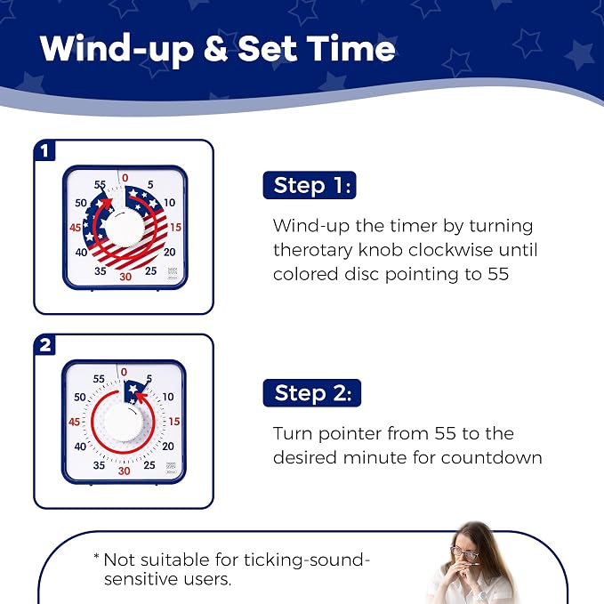 TWENTY5 SEVEN Countdown Timer 7.5 inch; Patriotic 60 Minute 1 Hour Visual Timer, Classroom Teaching Tool Office Meeting, Mechanical Magnetic Countdown Clock for Kids Exam Time Management, Blue