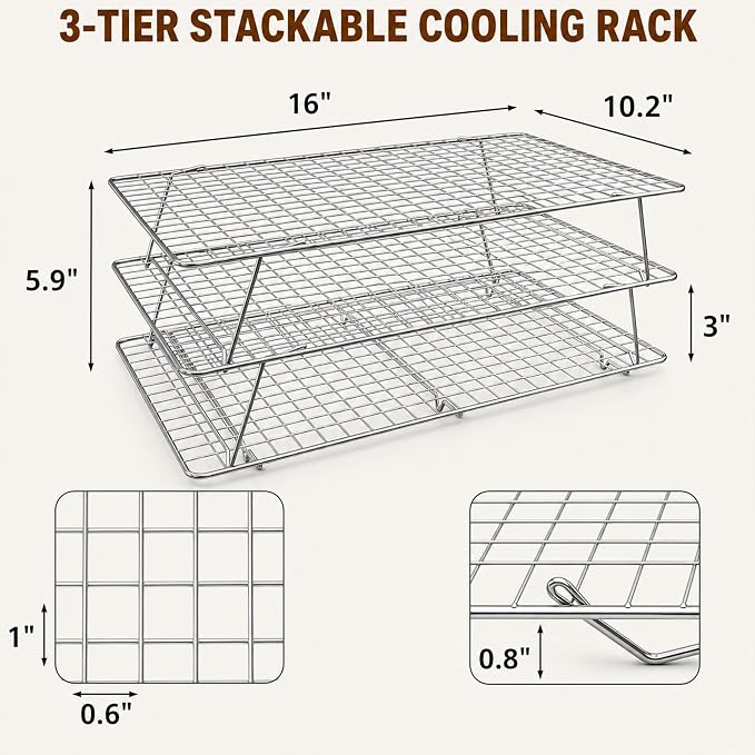 Cooling Rack, 3 Tier Stackable Cooling Racks for Cooking Baking Roasting, Multi-Level Collapsible Cookie Rack for Cakes, Oven Safe & Easy Clean (Silver, 3-Tier-SL)