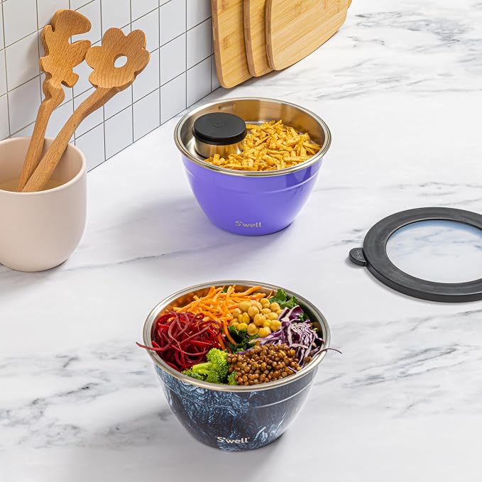 S'well Stainless Steel Salad Bowl Kit 64oz, Hillside Lavender, Comes with 2oz Mini Canister and Removable Tray for Organization, Leakproof, Easy to Clean, Dishwasher Safe (Pack of 8)