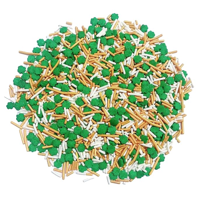 PhilaeEC St Patricks Sprinkles Edible for Cake Decoration Green Shamrock Gold White Jimmies Mix Sprinkles Cake Baking Cookie Cupcake Toppers Decoration Supplies
