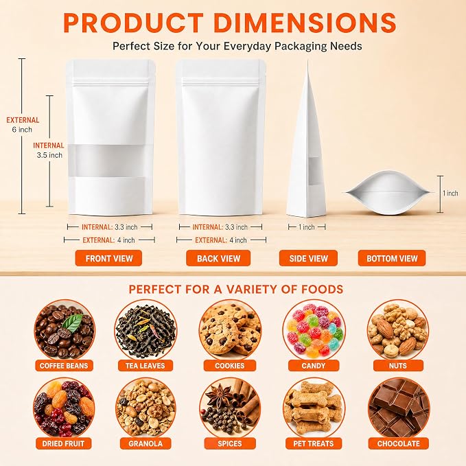 100 Pcs White Kraft Paper Bags with Window, 4" x 6" Stand Up Pouches Bags, Food Storage Bags for Packaging Products, Reusable, Sealable