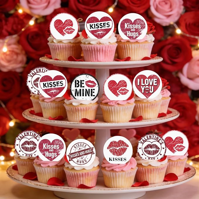 36PCS Edible Be Mine Cupcake Toppers Wafer Paper Kisses and Hugs Cupcake Picks Heart Lips Print Cake Decor for Valentine's Day Theme Wedding Engagement Party Supplies