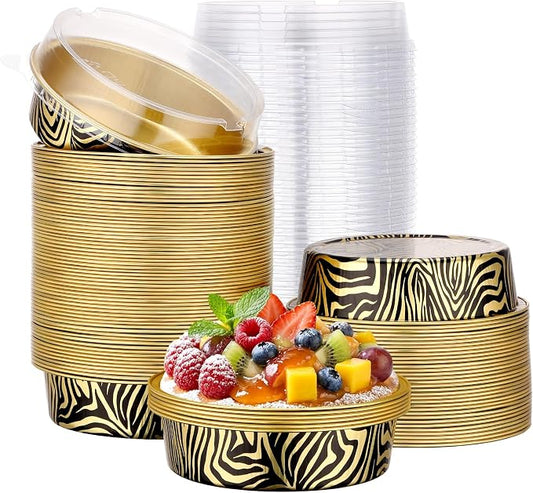 Beasea Disposable Cupcake Pans with Lids, 100 Pack 7.3oz Aluminum Baking Foil Tart Pie Tins, Small Round Tart Containers for Individual Dessert Muffin Cheesecake Quiche Oven Dishes - Tiger Stripes