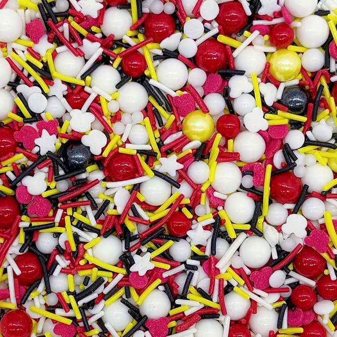 Yellow & Red & Black & White Sprinkles Mix Size Pearls Mouse Themed Cake Decorations Cupcake Toppers Perfect for Wedding Party Valentine Halloween Christmas Supplies 4.58OZ