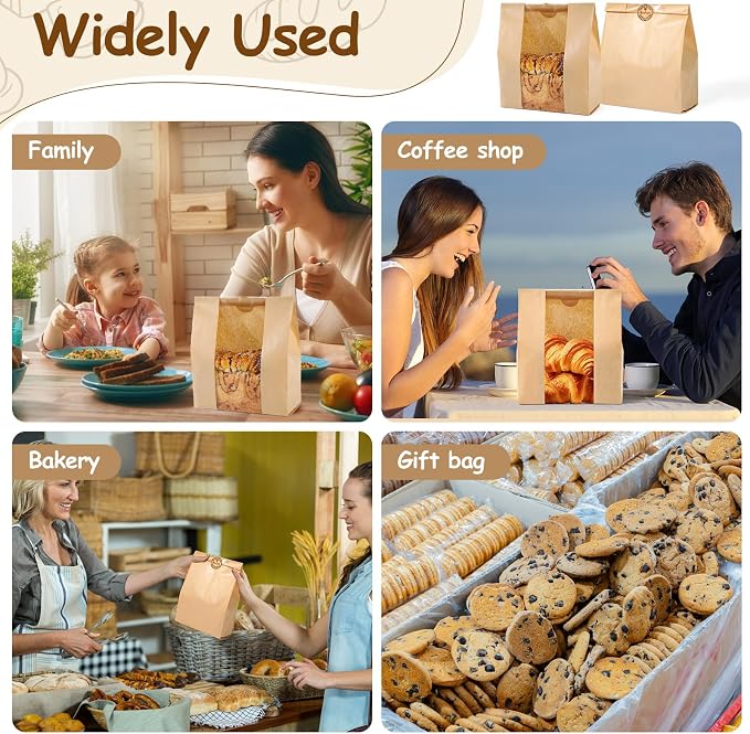 70 Pcs of Bread Bags for Homemade Bakery Bread, Sourdough Bag with Window, 13.7 x 8.3 x 3.5 Inch Large Kraft Bakery Bags with 72 Sealing Stickers, Packaging and Storage of Baked Goods