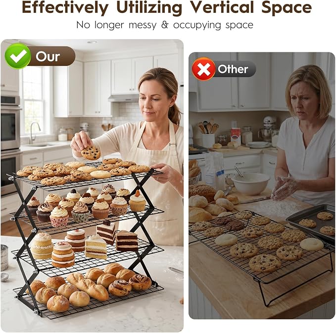 4 Tier Collapsible Cooling Rack - Upgraded Adjustable Heavy Duty Cooling Rack with 4 Setting Stackable Design - Space-Saving Folding Wire Bread Cookie Racks Cooling Baking Gifts for Women Black