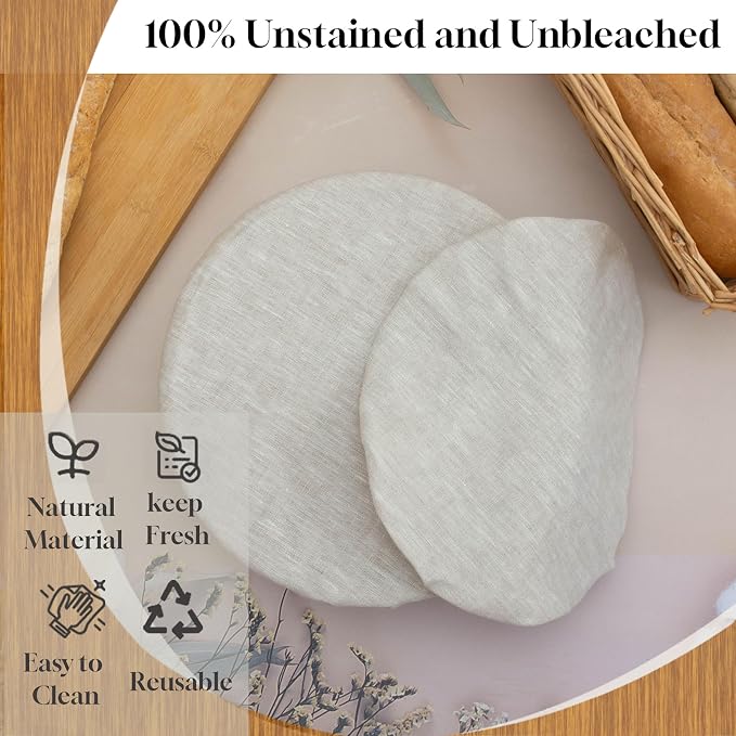 2 Pack 100% Pure Linen Bowl Covers For Bread Proofing,100% Natural Organic Reusable Bowl Covers, Unplored, Unbleached, Elastic Cover for Sourdough, Dough Proofing and Food Storage, Compostable