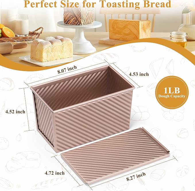 LIANYU Pullman Loaf Pan with Lid, 1 Pound Bread Loaf Pan Set of 2, Homemade Sourdough Sandwich Bread Toast Box, Baking Tins with Cover, Rose Gold