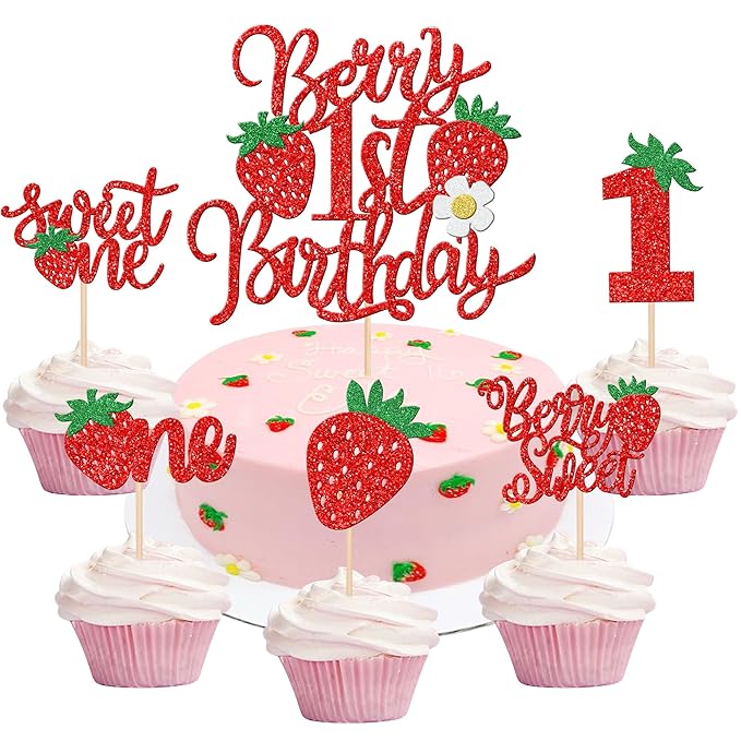 31 PCS Sweet One Strawberry Cupcake Toppers Red Berry 1st Birthday Cake Topper Strawberry First Birthday Cupcake Picks for Strawberry Theme Baby Shower 1st Birthday Party Decorations Supplies