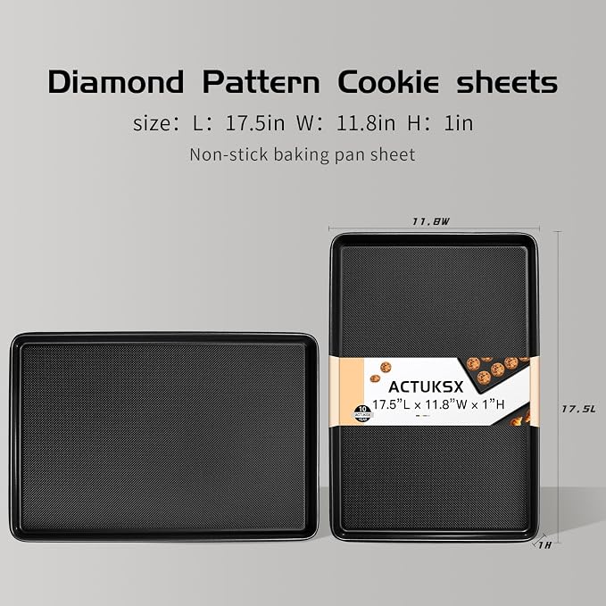Nonstick Baking Sheet Set of 2, Carbon Steel Cookie Pans with Textured Surface – Oven Safe for Baking Cookies, Bread & Roasting (Black 17.5”x11.8”x1”)