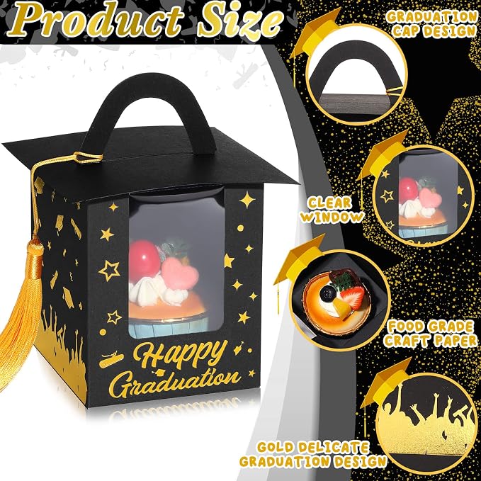 Outus 30 Pcs Graduation Cupcake Boxes Graduation Gift Box Congrats Grad Cupcake Container Candy Boxes with Window and Tassel for 2026 College High School Grad Party(Black)