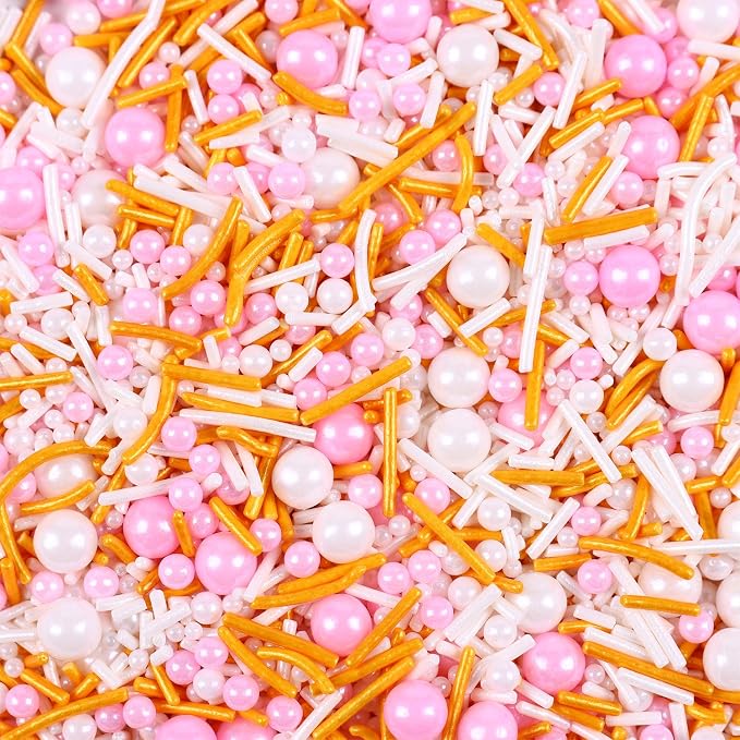 Pink White and Gold Sprinkles, 3.52oz Edible Pink Sprinkles for Cake Decorating Cupcakes Baking Ice Cream Cookie Wedding Valentines Party Decoration