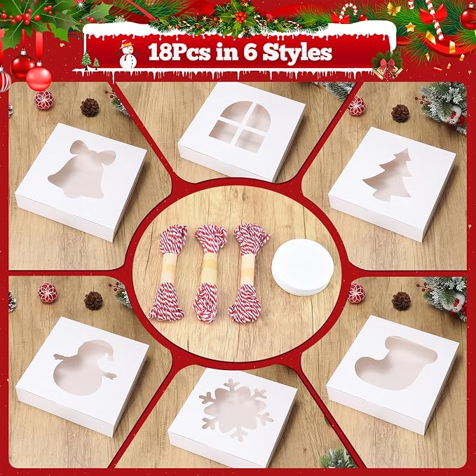 COTOPHER 18Pcs Christmas Cookie Boxes with Window, 10x10x2.5 inch White Bakery Boxes for Gift Giving, Kraft Treat Boxes Dessert Boxes for Cakes Donuts Chocolate Strawberries Pastries Muffins