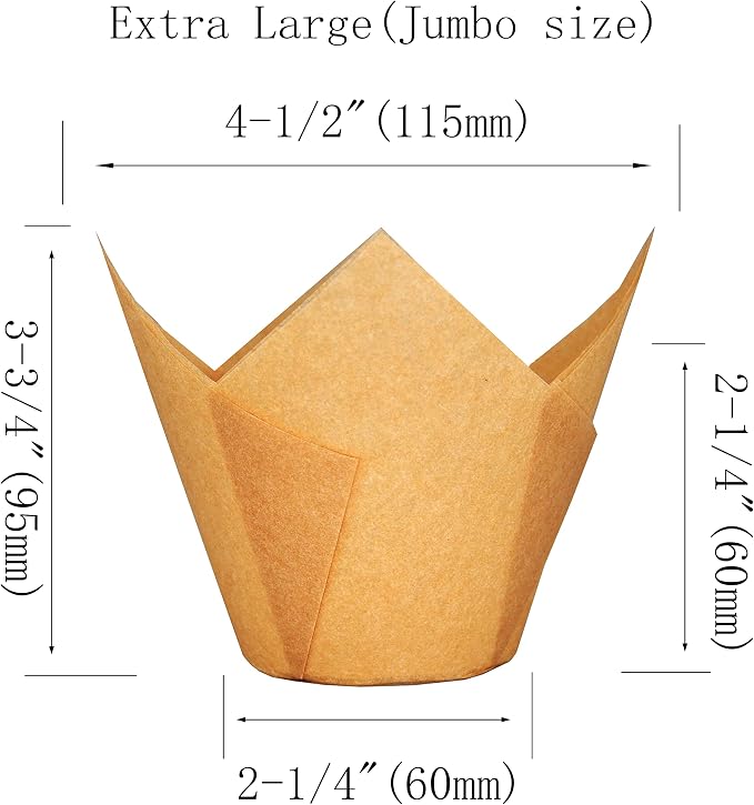 QLSmypkg Extra Large Jumbo Muffin Greaseproof paper Baking cupcake cups, 2-1/4" x 3-3/4" Natural Tulip Baking Cup Case of 125 pcs (Extra Large) (125)