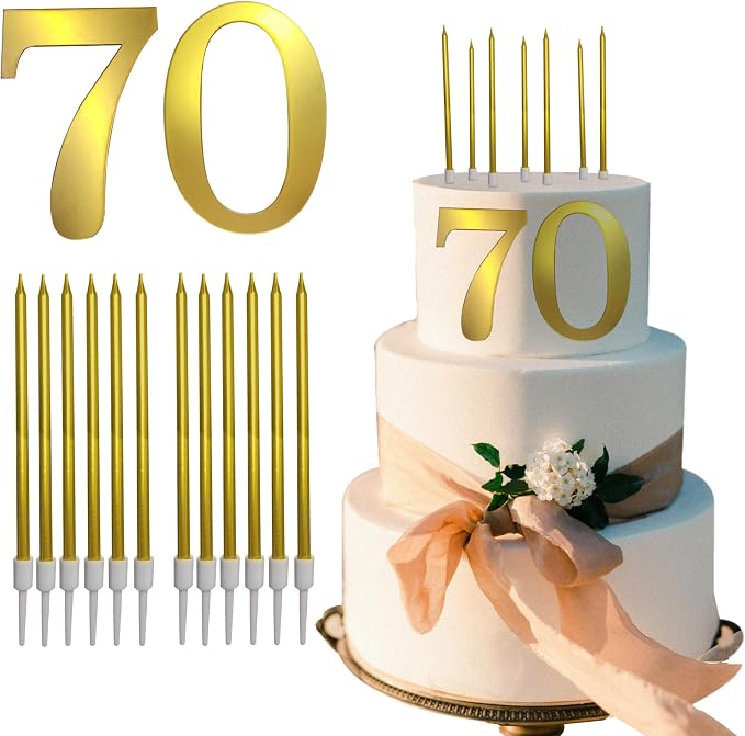 3.7IN Gold Acrylic Number 1-10 Cake Topper with 12 Gold Long Candles - Perfect for Birthday Party Supplies, Ideal for Cake Decoration (Number 70, Gold)