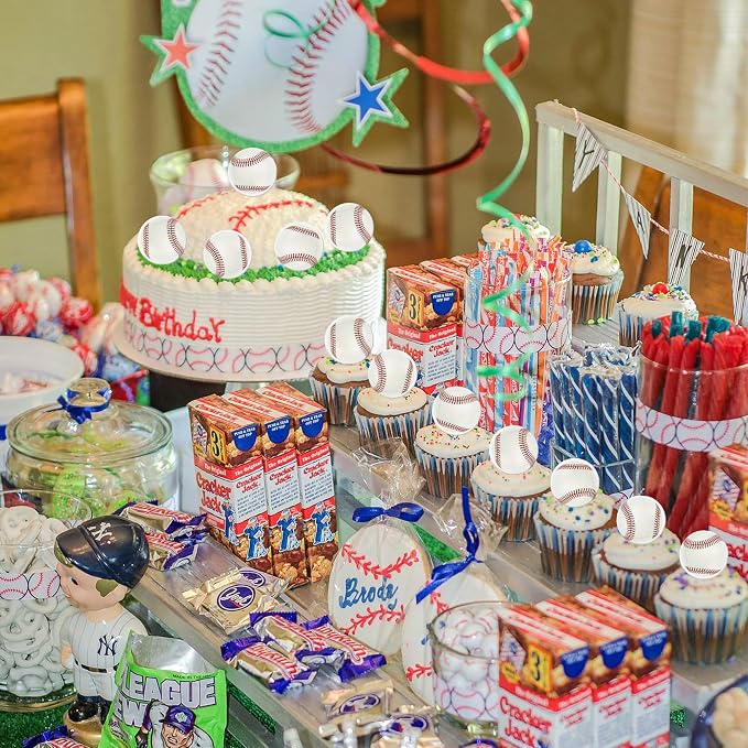 48 PCS Edible Baseball Cupcake Toppers Wafer Paper Sports Balls Cupcake Picks Edible Baseball Cupcake Decorations for Sports baseball Theme Baby Shower Kids Birthday Party Cake Decoration Supplies
