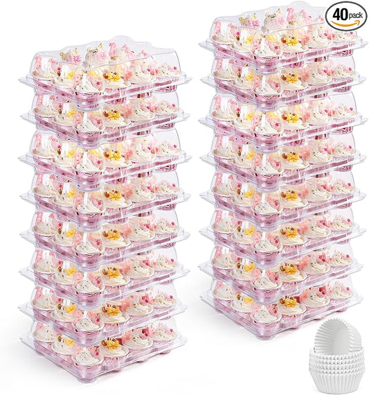 LotFancy (12 Count x 40 Sets) Mini Cupcake Containers with 480 Liners, Clear Plastic Cupcake Boxes Holders, Dozen Disposable Cupcake Carriers with Detachable Lid