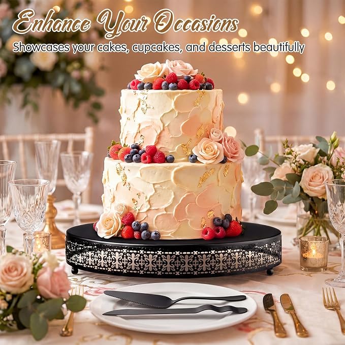 Wenqik Black Cake Stand 18 Inch Metal Round Cupcake Dessert Wedding Cake Stand with Cutting & Spatula Cookies Display Holder Fruit Serving Tray for Table Wedding Birthday Anniversary Party