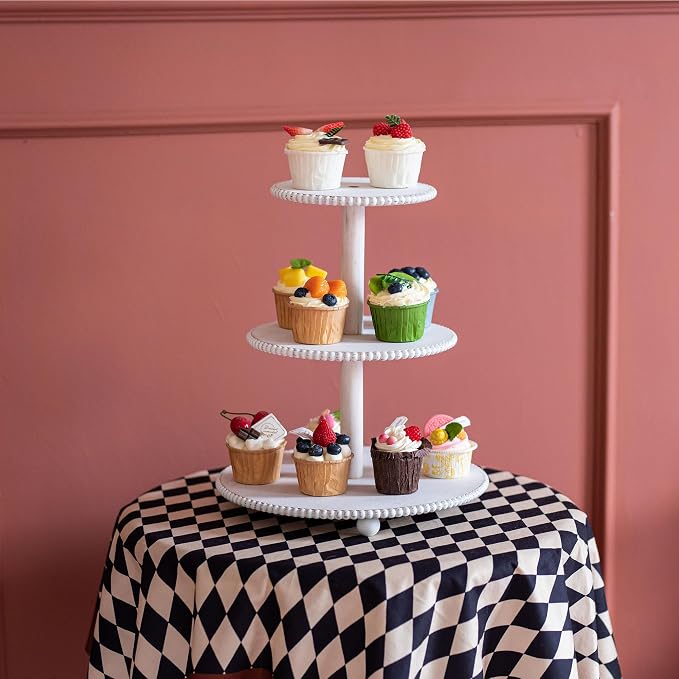 GENMOUS 3 Tier Beaded Cupcake Stand for Farmhouse Wedding Decor, Rustic Wood Cupcake Tower Holder for 24 Cupcakes, White Three Tiered Serving Tray Dessert Display Stand for Birthday Party Baby Shower