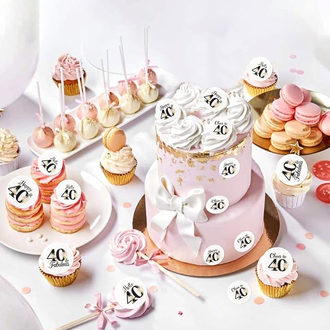 40Pcs Edible Circle Happy 40th Birthday Cupcake Toppers Edible Floral Hello 40 Fabulous Cheers to 40 Cupcake Picks Drink Toppers for Funny Female Floral 40th Birthday Party Decorations